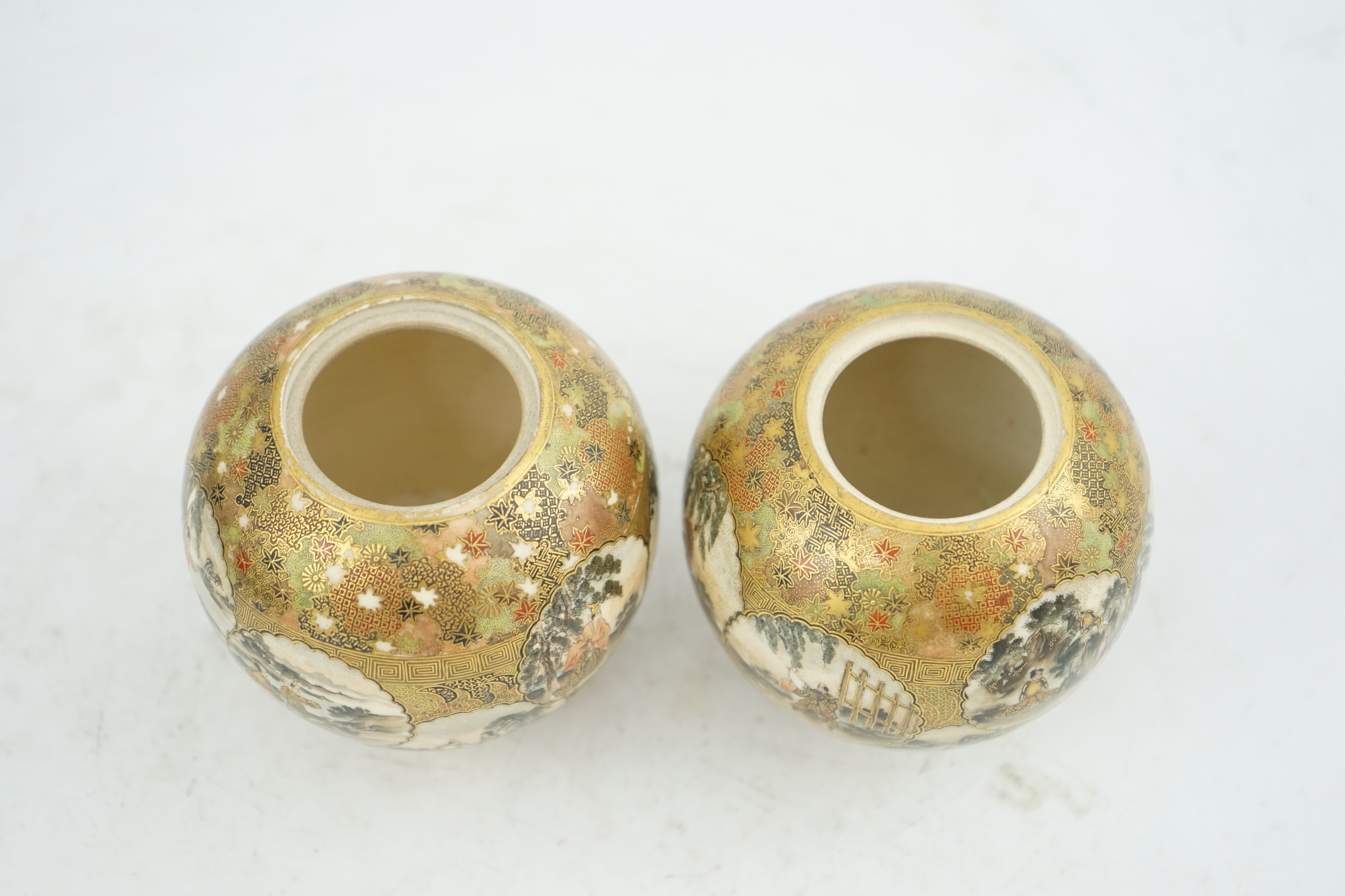 A pair of Japanese Satsuma globular koros, Meiji period